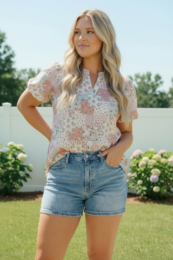 Patchwork Floral Puff Sleeve Top