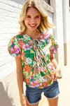Spring Vibes Green Floral Ribbon Tie Babydoll Top