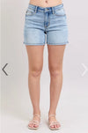 Judy Blue Light Wash Mid Rise Stitch Hem Denim Shorts