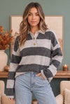 Cozy Stripe Polo Sweater in Charcoal