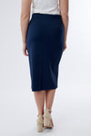 Back view of modest midi pencil skirt in organic cotton blend