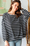 Look Striking Charcoal Stripe Terry Banded Dolman Pullover