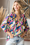 Be Bold Frill Notch Neck Abstract Print Three-Quarter Sleeve Blouse