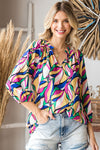 Be Bold Frill Notch Neck Abstract Print Three-Quarter Sleeve Blouse