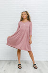 mauve 3/4 sleeve babydoll knee length dress, modest dresses, plus sized modest dresses