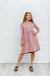 mauve 3/4 sleeve babydoll knee length dress, modest dresses, plus sized modest dresses