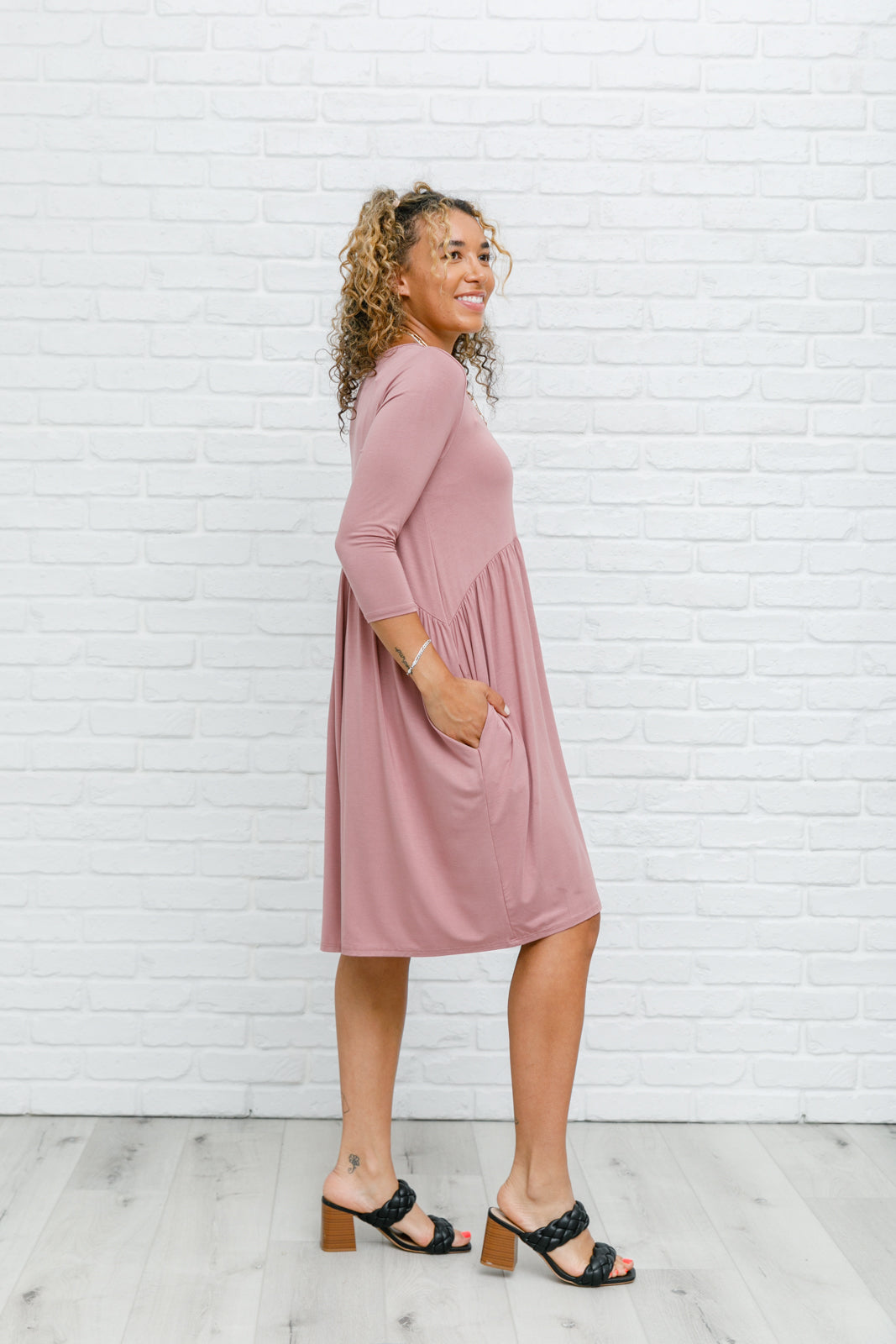 mauve 3/4 sleeve babydoll knee length dress, modest dresses, plus sized modest dresses
