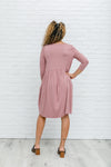 mauve 3/4 sleeve babydoll knee length dress, modest dresses, plus sized modest dresses