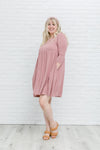 mauve 3/4 sleeve babydoll knee length dress, modest dresses, plus sized modest dresses