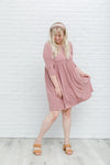 mauve 3/4 sleeve babydoll knee length dress, modest dresses, plus sized modest dresses