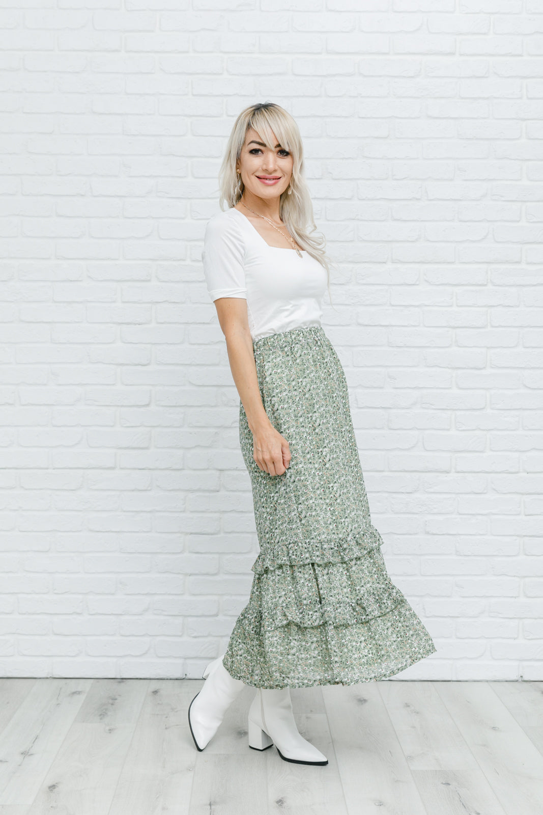 green ruffle floral maxi skirt, modest skirts, missionary skirt