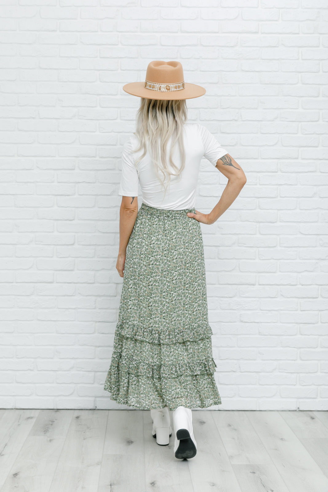 green ruffle floral maxi skirt, modest skirts, missionary skirt