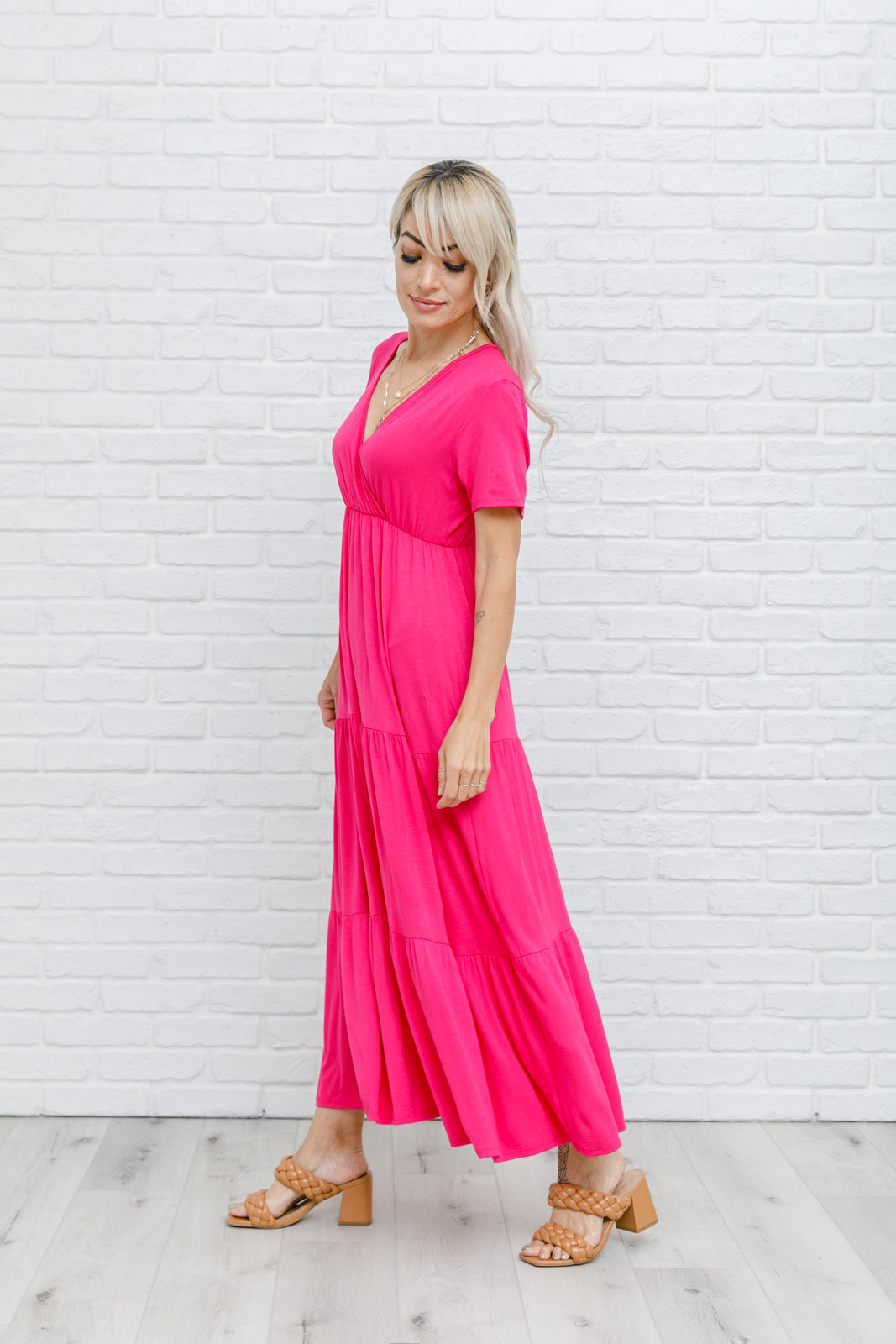 pink v-neck tiered skirt maxi dress, modest dresses, plus sized modest dresses