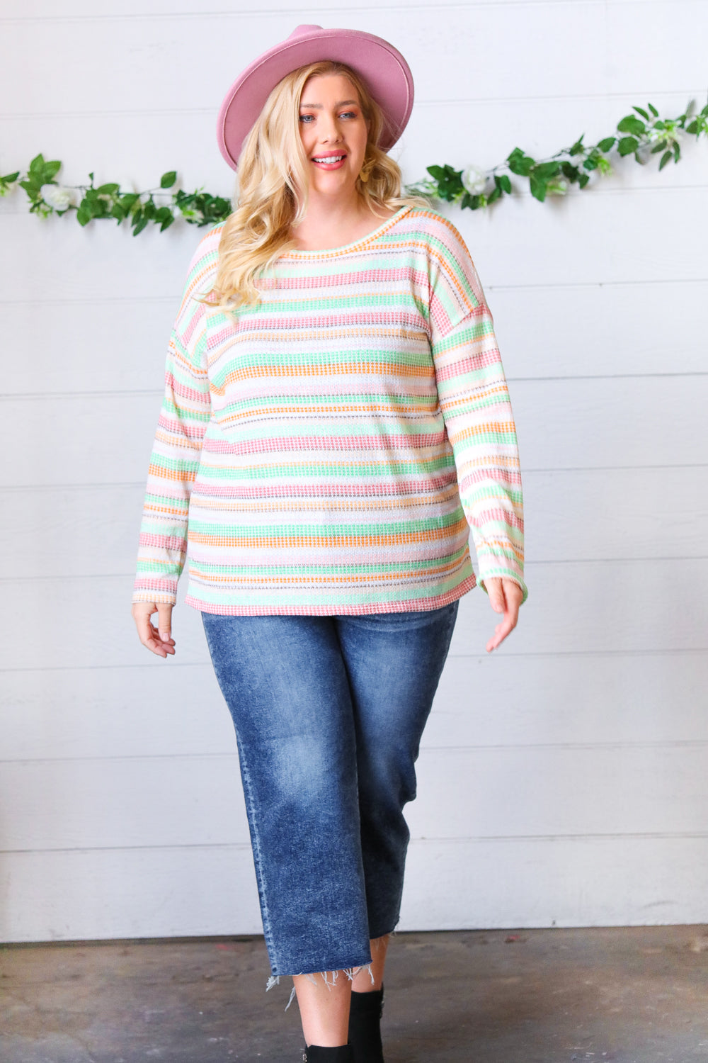 colorful striped spring light sweater, modest clothing store, plus sized modest clothes, tznius clothing