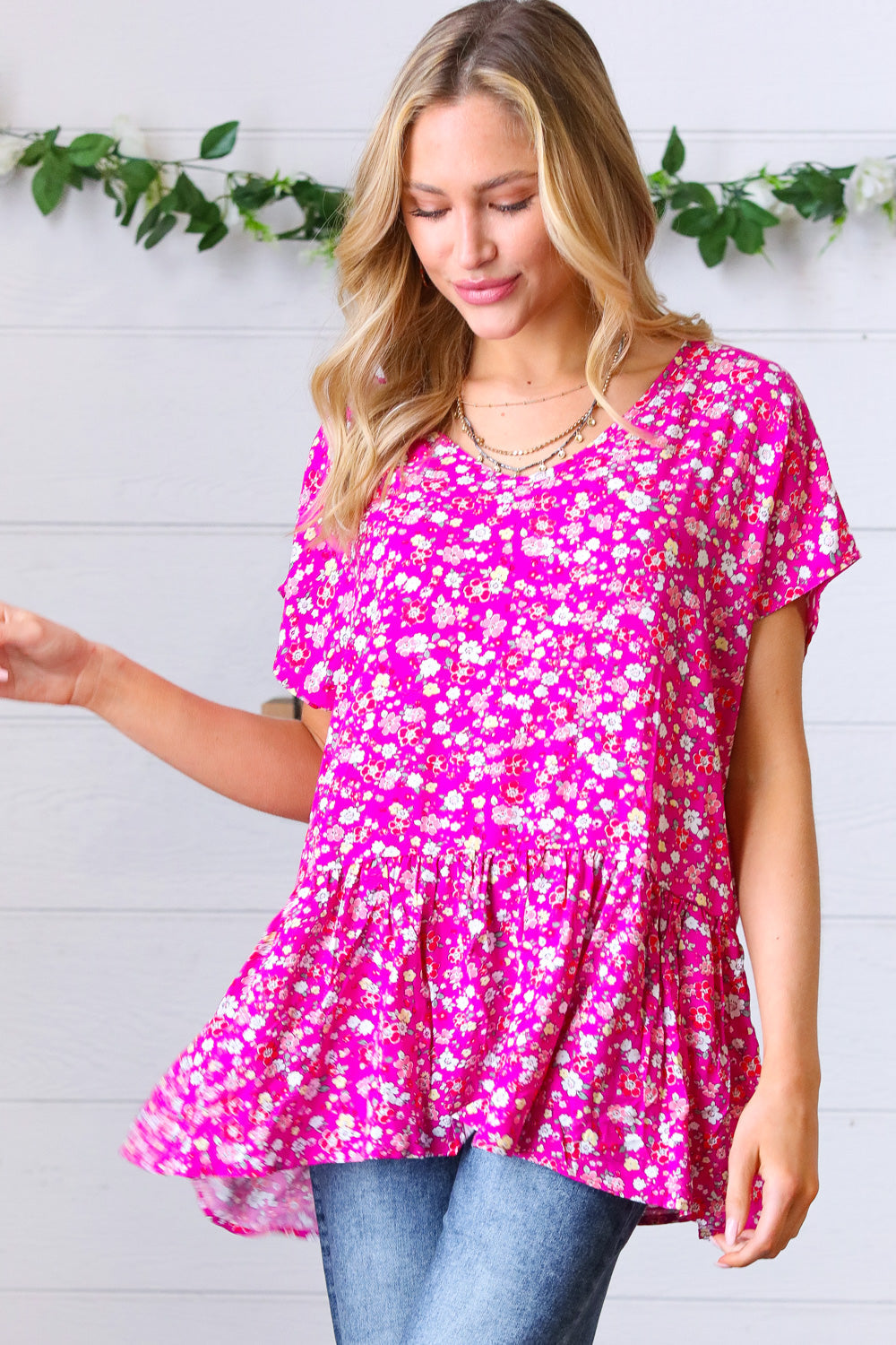 fuchsia babydoll floral blouse,  affordable modest women's clothing,  cheap modest clothing, modest clothing