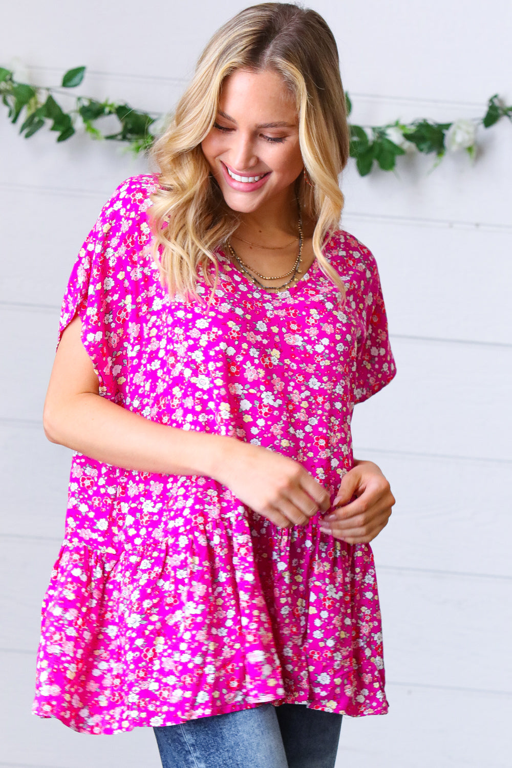 fuchsia babydoll floral blouse, affordable modest women's clothing, cheap modest clothing, modest clothing