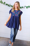 Navy Floral Embroidered Flutter Sleeve Top