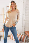 Taupe Cotton Blend Rib Aztec Jacquard Raglan Outseam Top