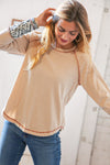 Taupe Cotton Blend Rib Aztec Jacquard Raglan Outseam Top