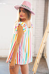 Multicolor Vertical Stripe Ruffle Frill Sleeve Top