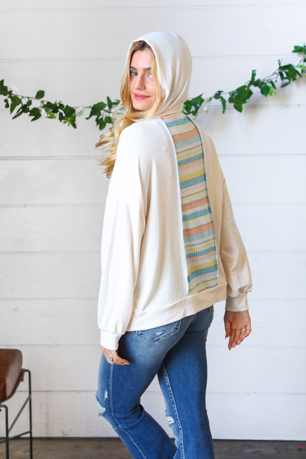 oatmeal multicolored outseam hoodie, modest clothing, modest clothes, plus sized modest clothes