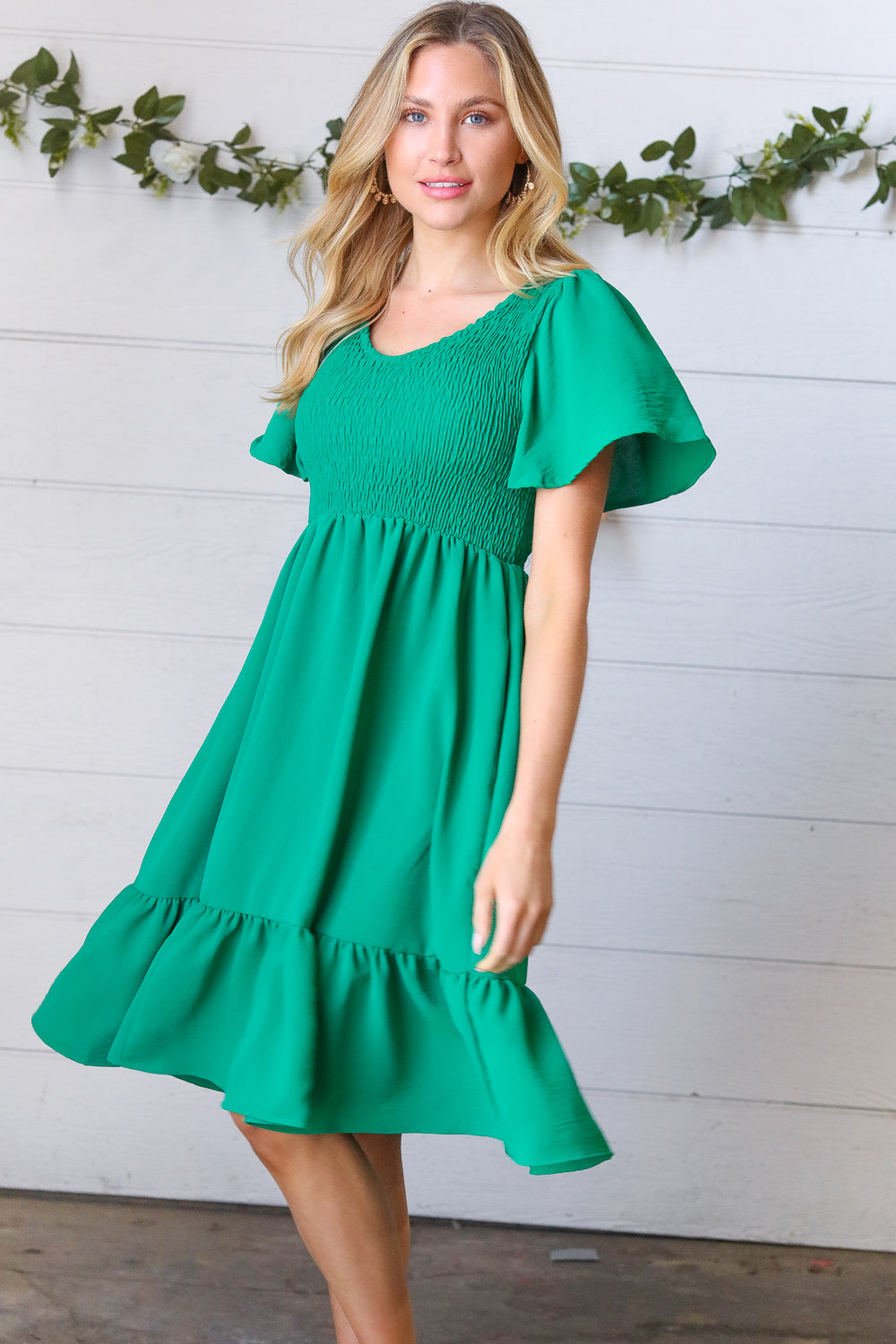Shamrock Green Smock Fit & Flare Flutter Sleeve Dress – ModestPop.com