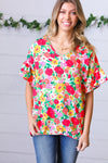 Red Flat Floral Pring Dolman Ruffle Frill Sleeve Blouse