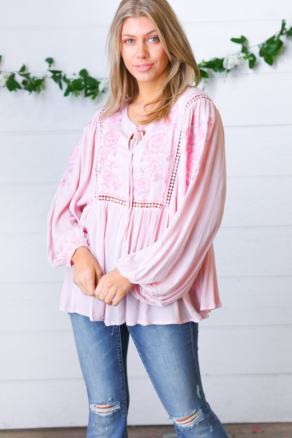 Blush Embroidered Tie String Peasant Top – ModestPop.com