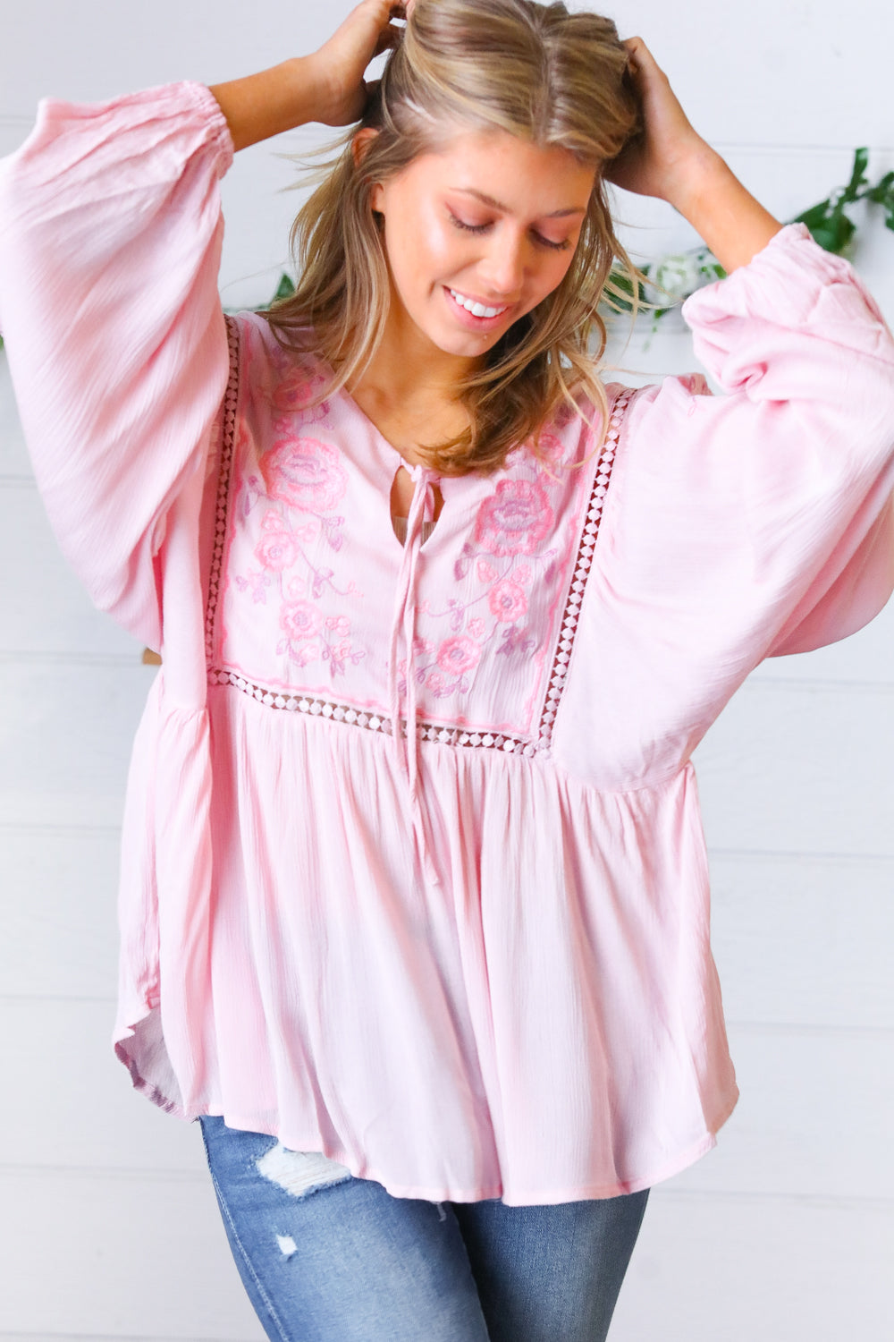 blush embroidered peasant top, modest clothing, modest clothes