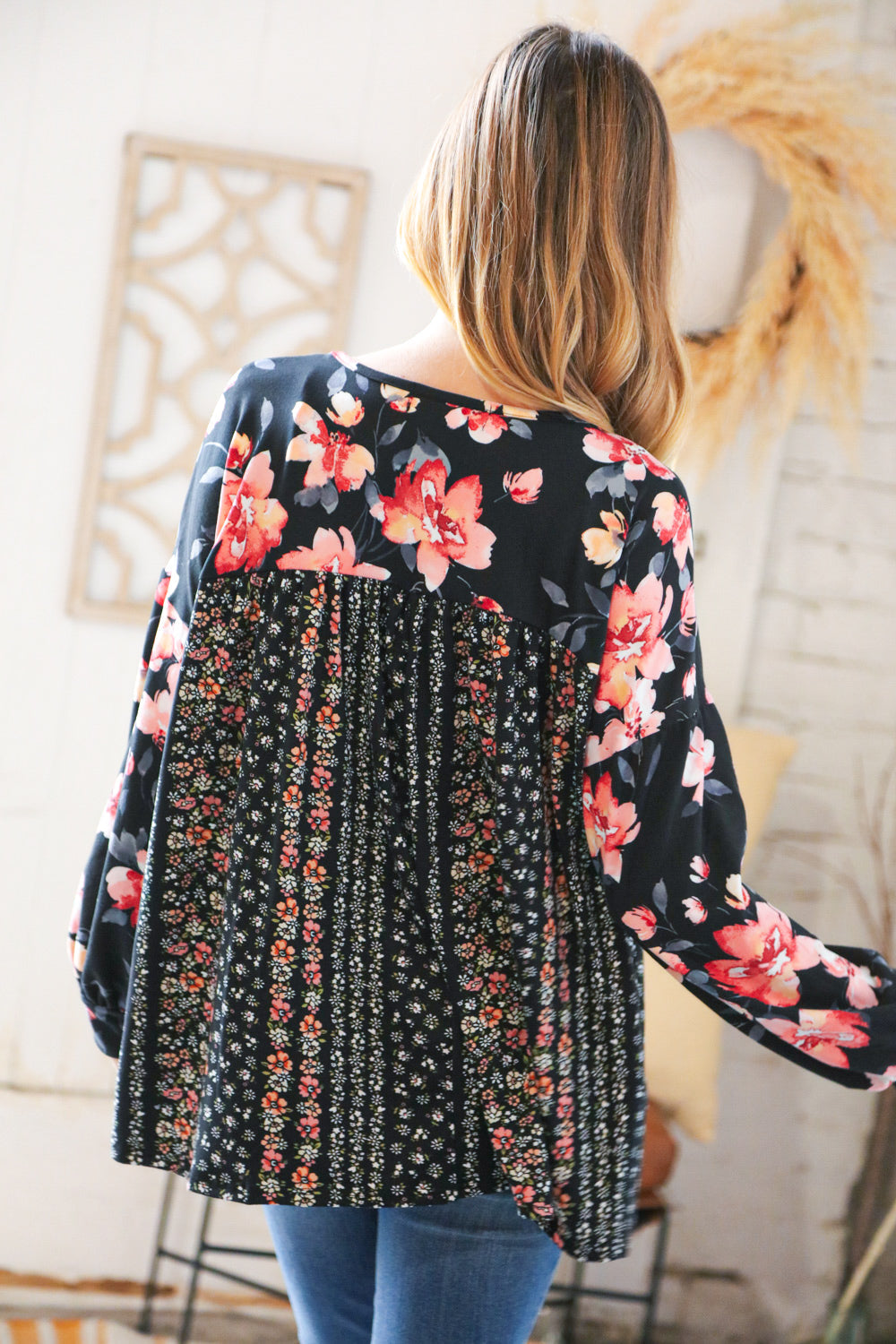 mixed pattern floral long sleeve top, modest shirt, modest clothes women plus
