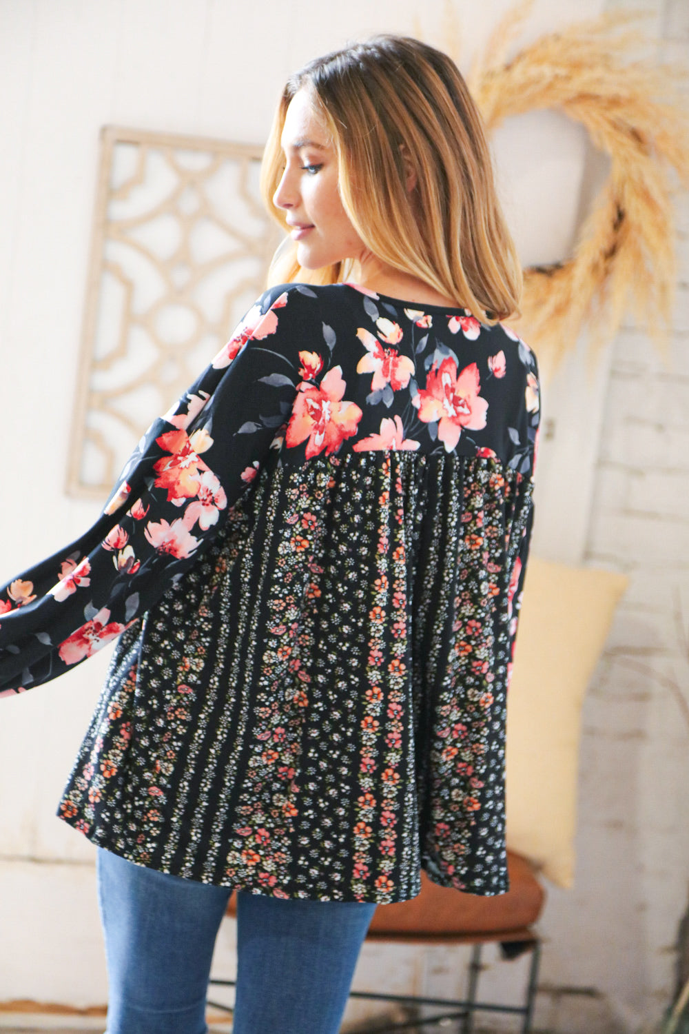 mixed pattern floral long sleeve top, modest shirt, modest clothes women plus