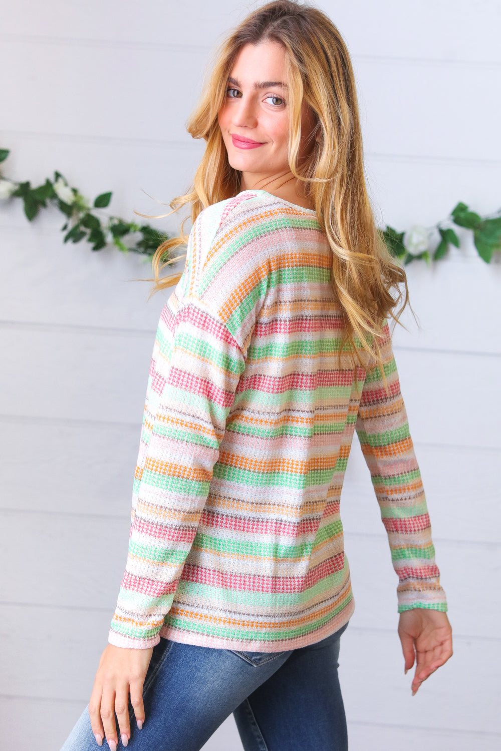 colorful striped spring light sweater, modest clothing store, plus sized modest clothes, tznius clothing