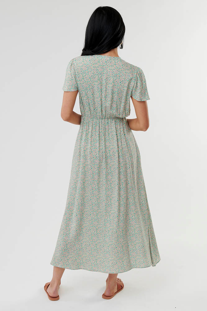 modest green ditsy floral v-neck maxi length dress, modest dresses, tznius dresses
