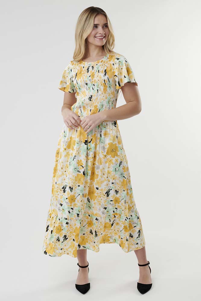 yellow floral chiffon sleeved dress, modest dresses, modest clothes, tznius dresses
