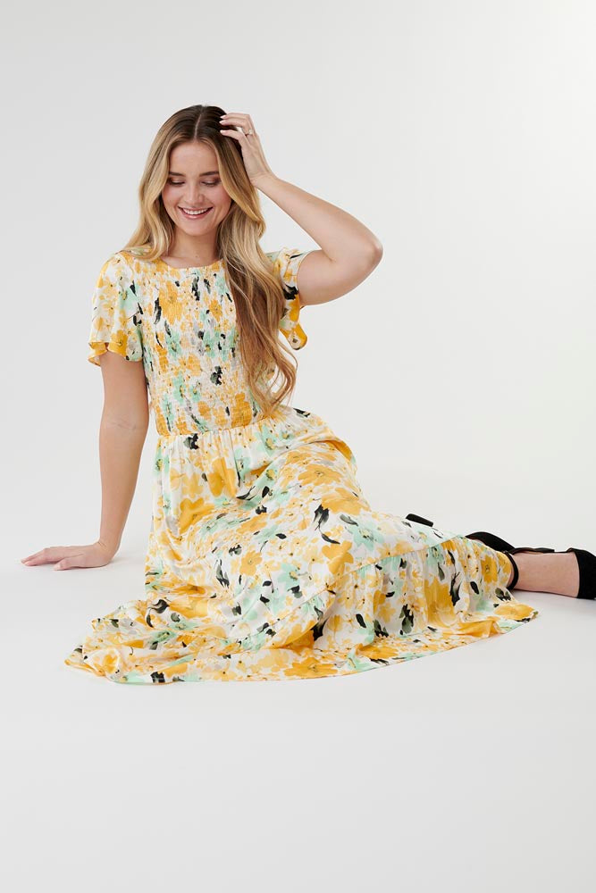 yellow floral chiffon sleeved dress, modest dresses, modest clothes, tznius dresses