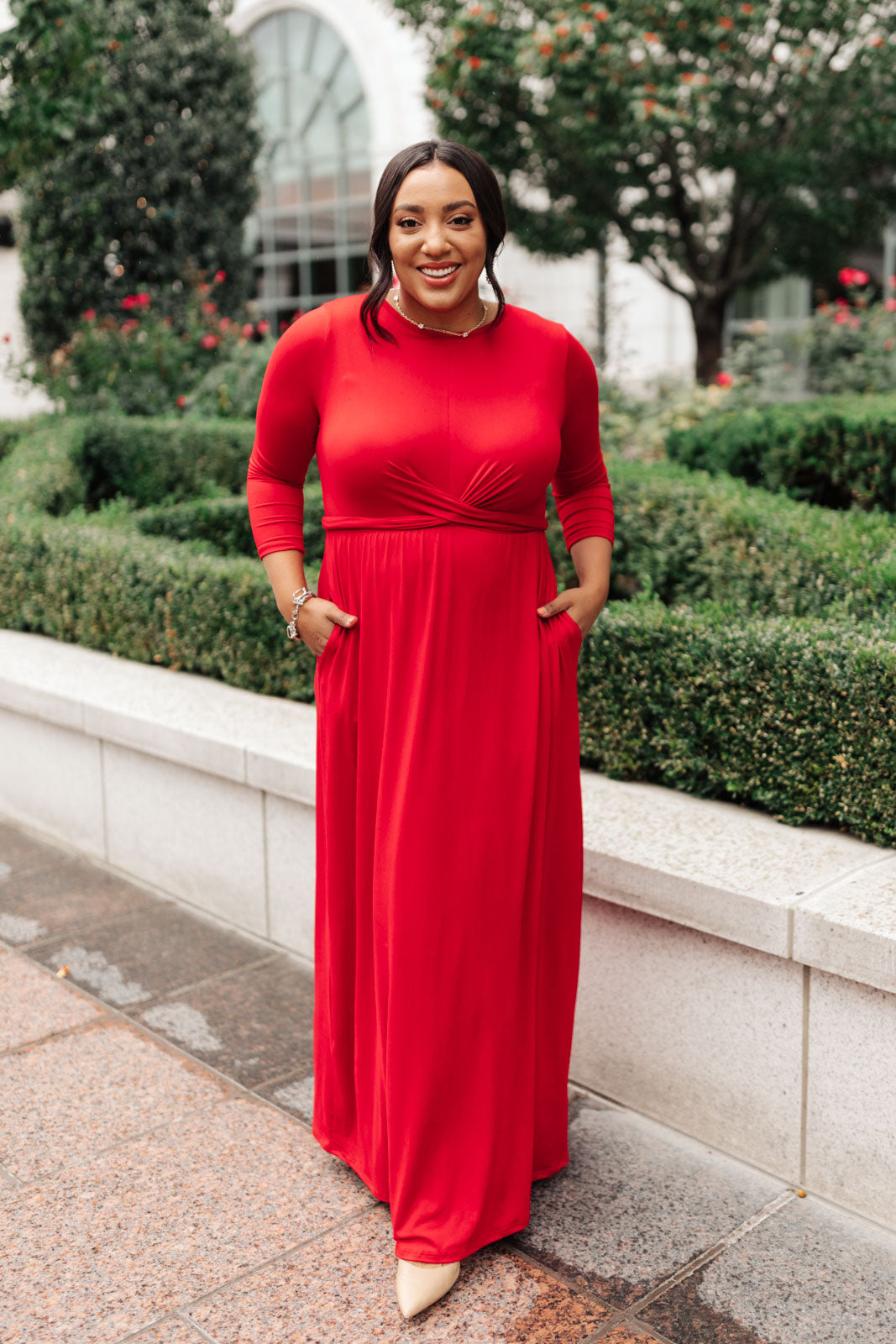 red maxi dress knotted front, modest dresses, plus sized modest dresses
