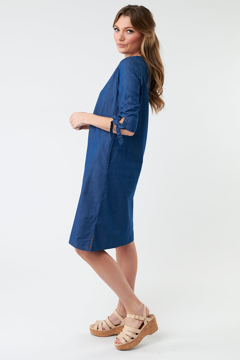 knee length 1/2 sleeve denim sheath dress, modest dresses, tznius dress