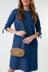 knee length 1/2 sleeve denim sheath dress, modest dresses, tznius dress