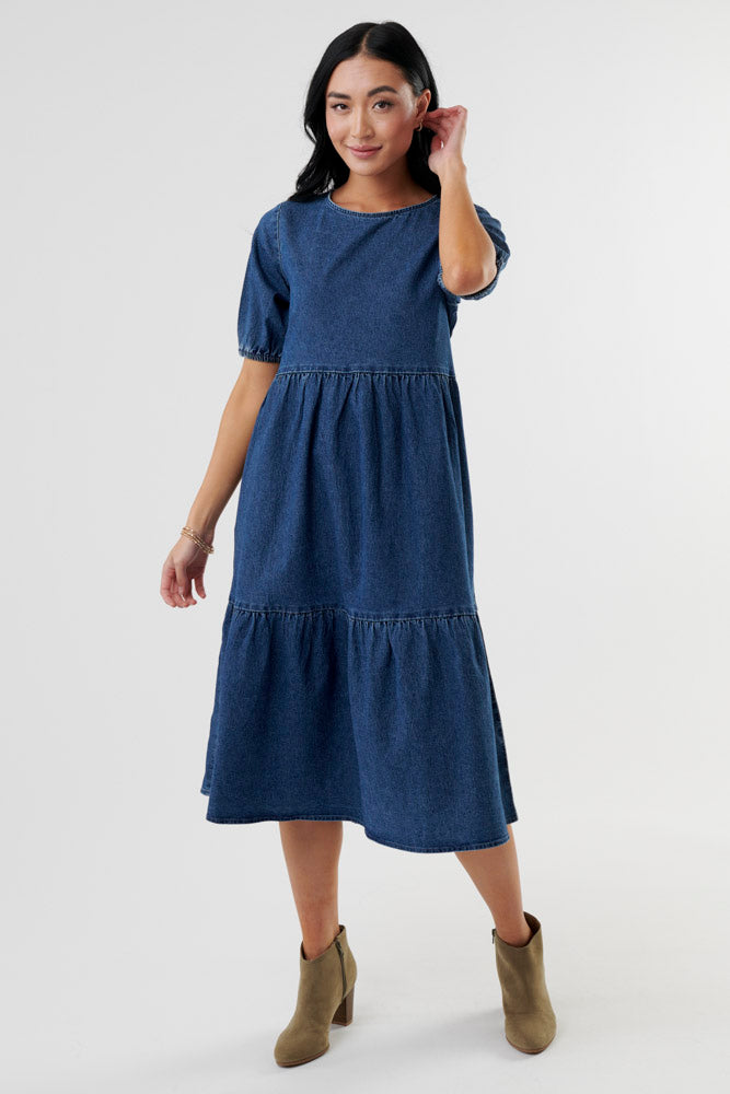denim short sleeve tiered skirt midi length dress, modest dresses, sweet salt dresses