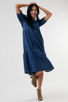 denim short sleeve tiered skirt midi length dress, modest dresses, sweet salt dresses