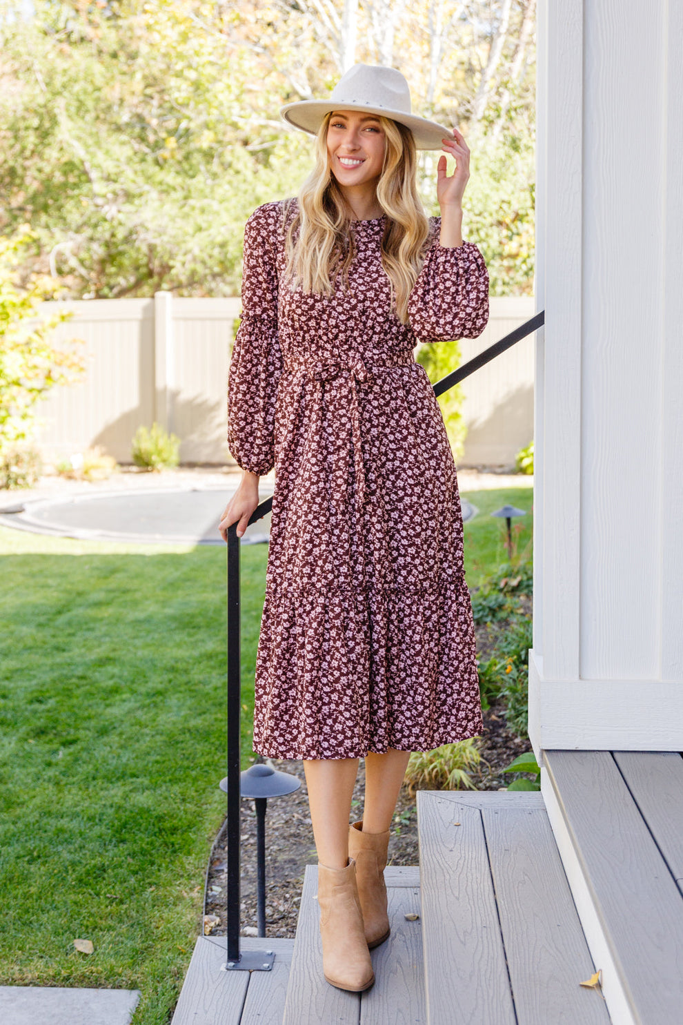 Flow With The Times Floral Midi Dress In Brown – ModestPop.com