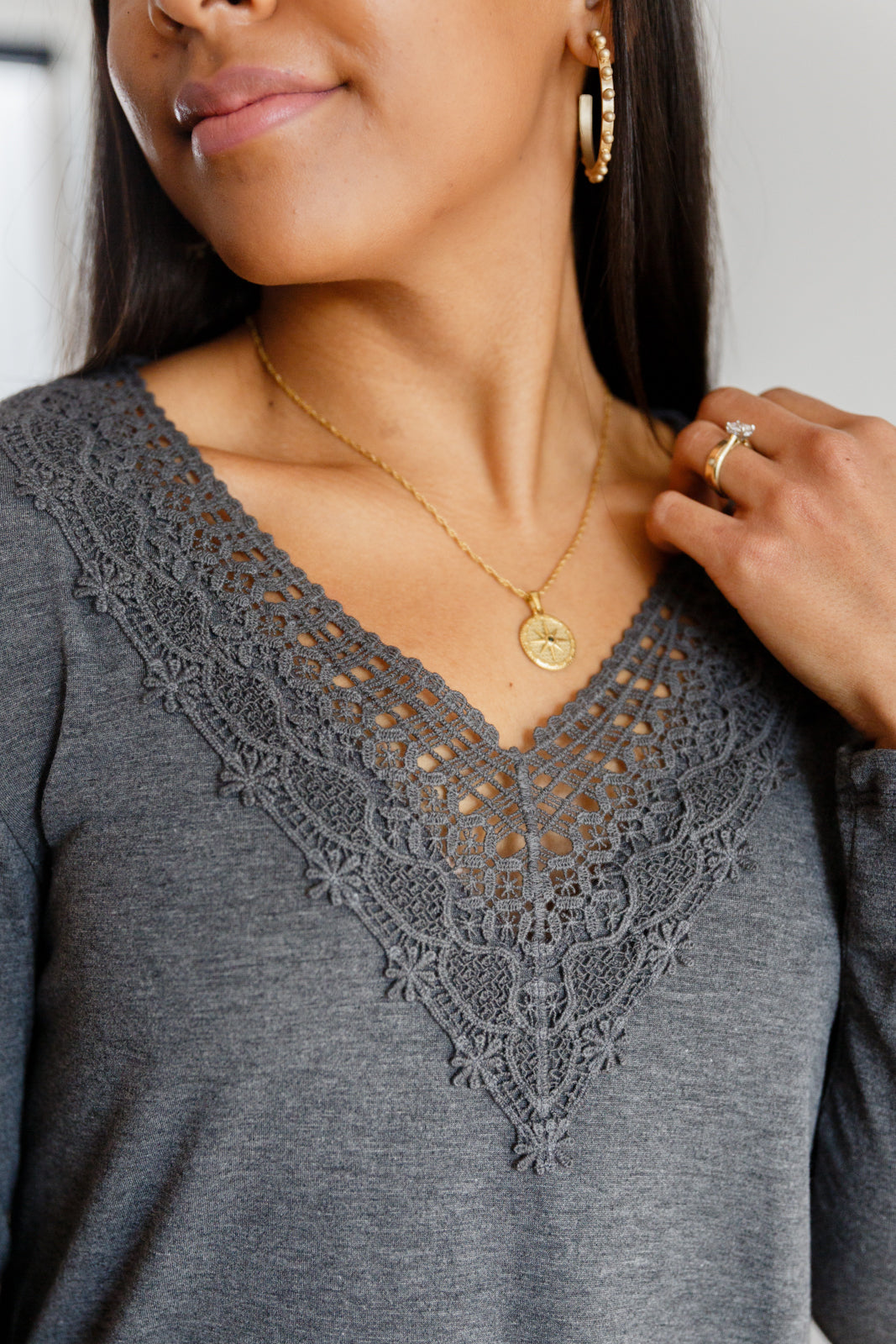 gray lace long sleeve v-neck top, modest clothes, modest clothing