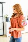 rust embroidered v-neck blouse, modest clothing store, tznius clothing