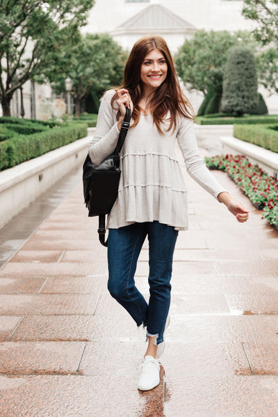 gray tiered long sleeved v-neck top, modest shirt, modest clothing