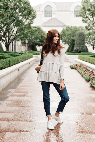 gray tiered long sleeved v-neck top, modest shirt, modest clothing