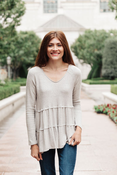 gray tiered long sleeved v-neck top, modest shirt, modest clothing