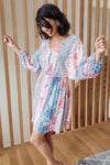 floral blue pink knee length v-neck dress, modest dresses, plus sized modest dresses