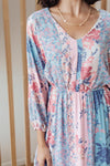 floral blue pink knee length v-neck dress, modest dresses, plus sized modest dresses