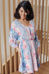 floral blue pink knee length v-neck dress, modest dresses, plus sized modest dresses