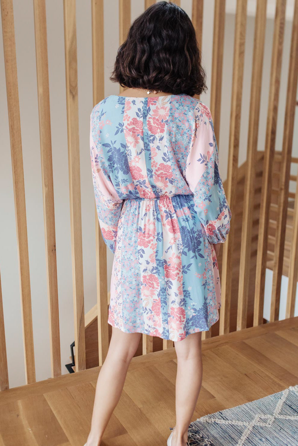 floral blue pink knee length v-neck dress, modest dresses, plus sized modest dresses